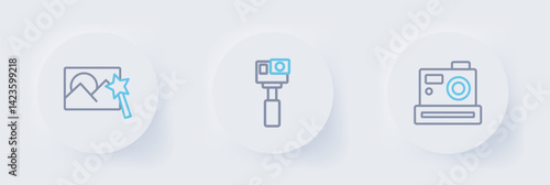 Set line Photo camera, Action and retouching icon. Vector