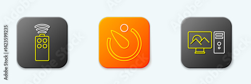 Set line Remote control for camera, Camera timer and Photo retouching icon. Vector