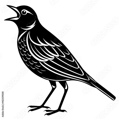  vector silhouette of a lark in singing pose, upright stance, 