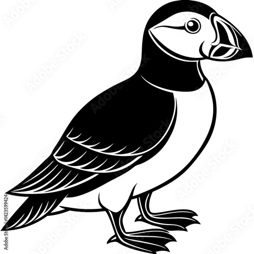 vector silhouette of a puffin standing with large beak, short wings, clean vector art, white background