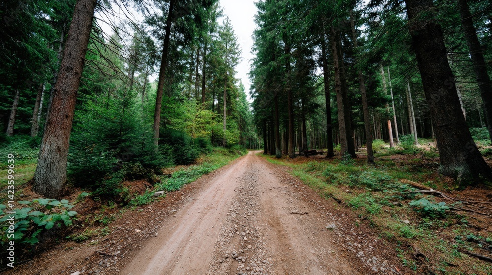 Fototapeta premium Scenic Forest Road Surrounded by Lush Green Trees and Vibrant Nature in a Peaceful Landscape Scene