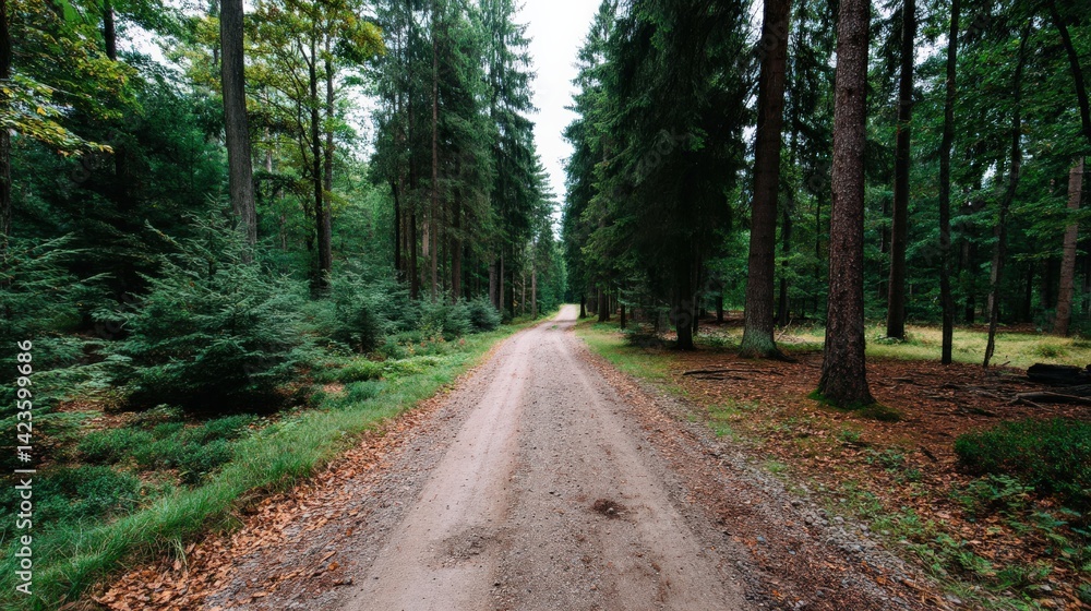 Fototapeta premium Serene Dirt Path Through Lush Green Forest Surrounded by Majestic Trees and Vibrant Nature in Tranquil Environment