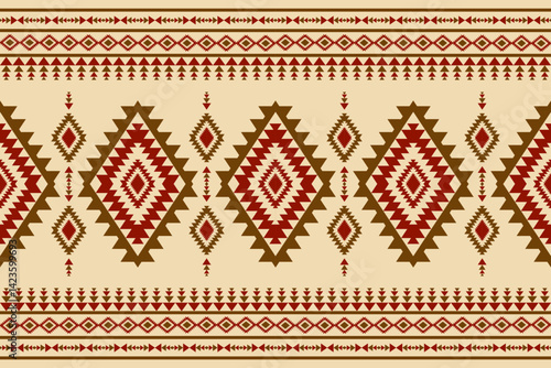 Seamless ethnic pattern with geometric shapes and tribal elements creating a decorative background design.
