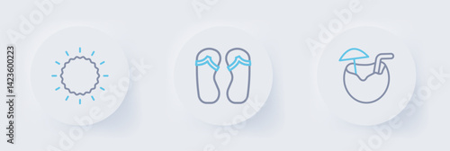 Set line Coconut cocktail, Flip flops and Sun icon. Vector
