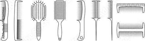 Hair comb or barber comb icon set. Hairbrushes and combs vector collection isolated on transparent background. For combing and styling hair. Hairdressing tool. Hair comb and hair brush.