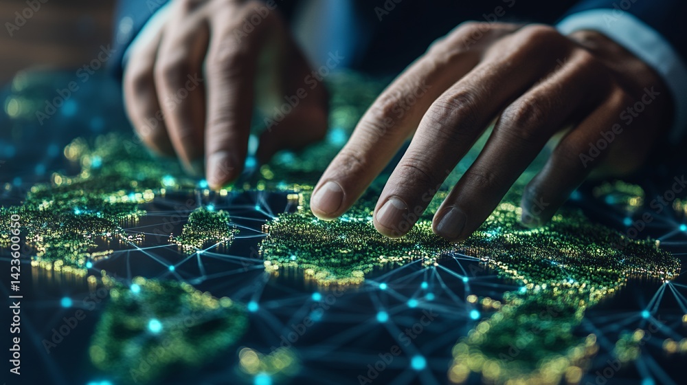 Hands Interacting with Global Network Map Technology Interface Concept Hands Interacting with Global Network Map Technology Interface Concept
