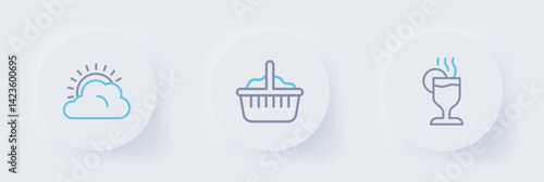 Set line Mulled wine, Basket and Sun and cloud weather icon. Vector
