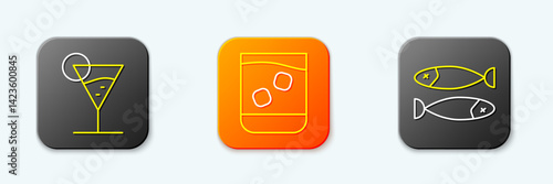 Set line Martini glass, Glass of whiskey and Dried fish icon. Vector