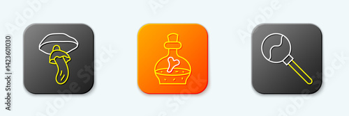 Set line Psilocybin mushroom, Bottle with potion and Lollipop icon. Vector
