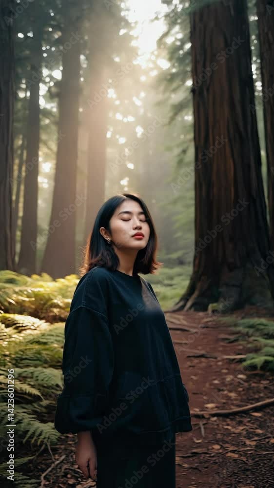 Woman meditating peacefully in sunlit evergreen forest with ferns, nature, trees, and path. Woman meditating peacefully in sunlit evergreen forest with ferns, nature, trees, and path.