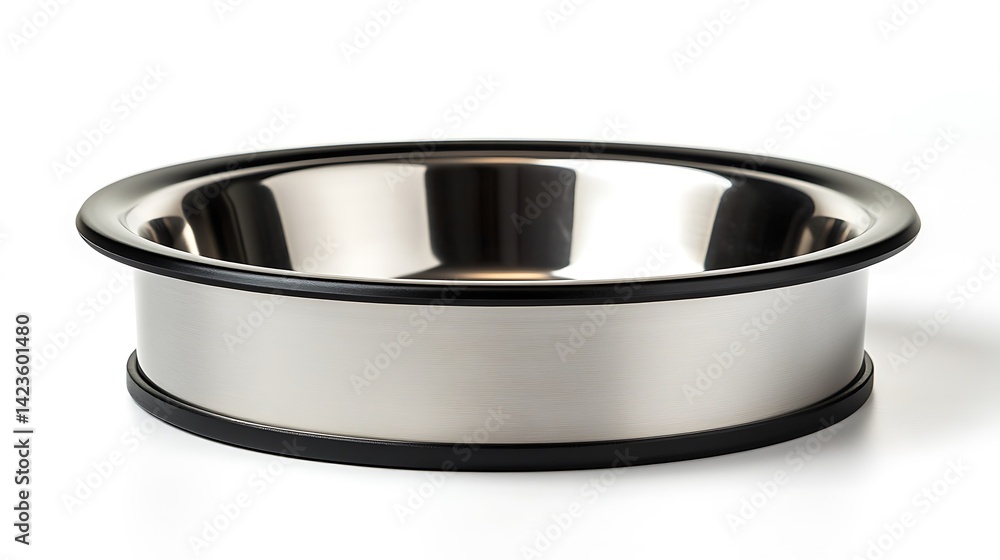 Stainless steel dog food bowl with black trim, isolated on a white background Stainless steel dog food bowl with black trim, isolated on a white background