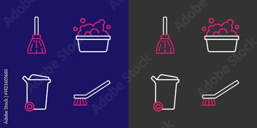 Set line Brush for cleaning, Trash can, Basin with soap suds and Handle broom icon. Vector