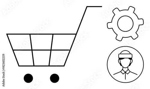 Shopping cart, gear, user with VR headset represent e-commerce, digital innovation, and online retail. Ideal for technology, retail, marketing, user experience virtual reality business future