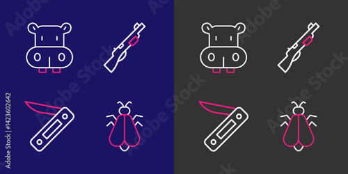 Set line Mosquito, Swiss army knife, Hunting gun and Hippo or Hippopotamus icon. Vector