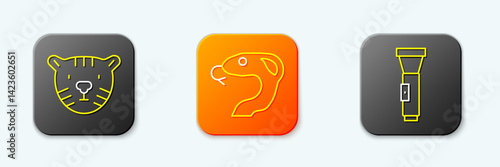 Set line Tiger head, Snake and Flashlight icon. Vector