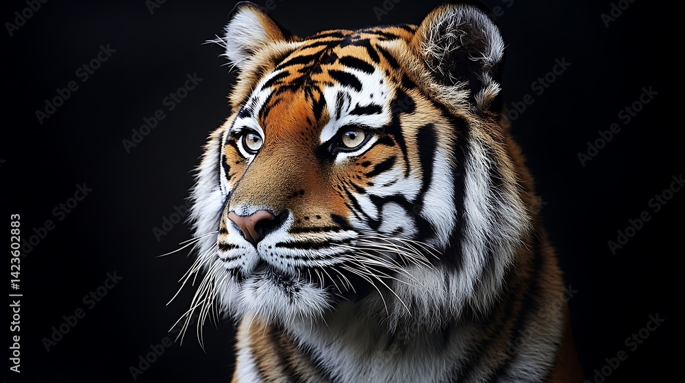 Tiger Portrait with Focused Gaze Against Dark Background Wildlife Animal Tiger Portrait with Focused Gaze Against Dark Background Wildlife Animal