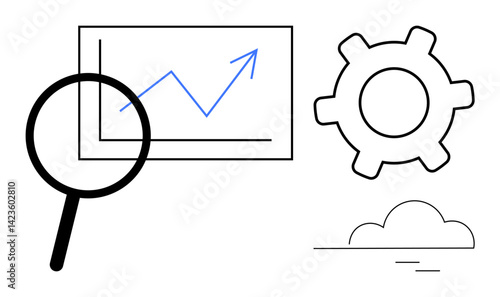 Magnifying glass inspecting upward graph with gear and cloud elements. Ideal for data analysis, performance growth, optimization, innovation, cloud computing, digital tools, flat simple metaphor
