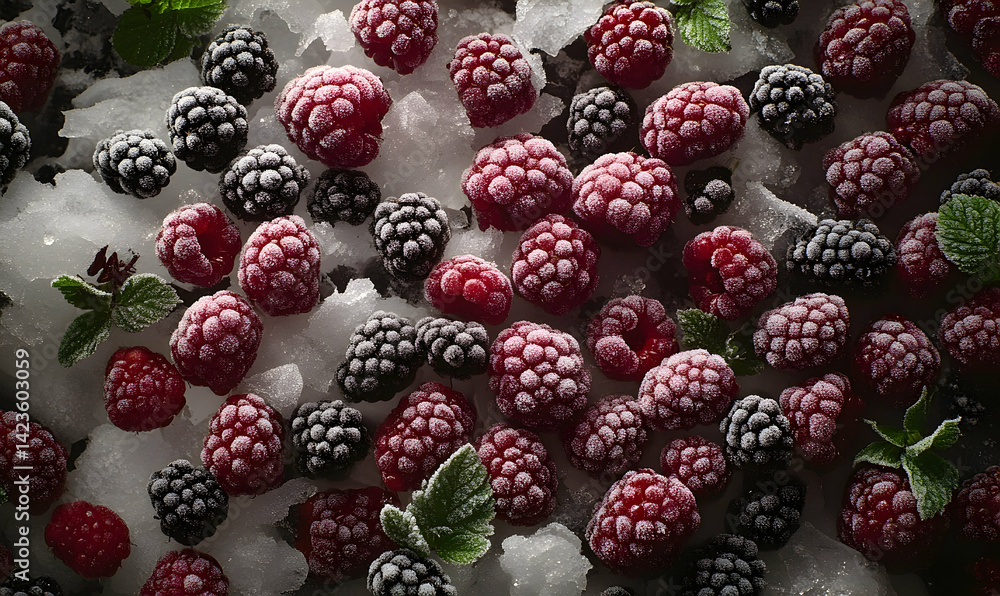 Close-up of fresh raspberries and blackberries on crushed ice with mint leaves, vibrant colors Close-up of fresh raspberries and blackberries on crushed ice with mint leaves, vibrant colors