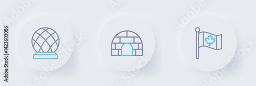 Set line Flag of Canada, Igloo ice house and Montreal Biosphere icon. Vector