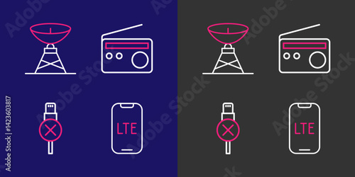 Set line LTE network, No usb cable cord, Radio and Satellite dish icon. Vector