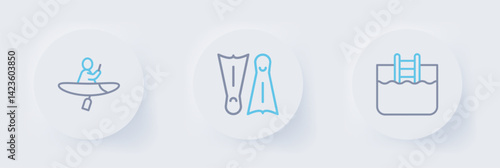 Set line Swimming pool with ladder, Flippers for swimming and Kayak and paddle icon. Vector
