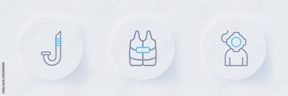Set line Aqualung, Life jacket and Snorkel icon. Vector Set line Aqualung, Life jacket and Snorkel icon. Vector