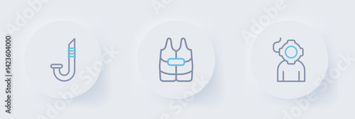 Set line Aqualung, Life jacket and Snorkel icon. Vector