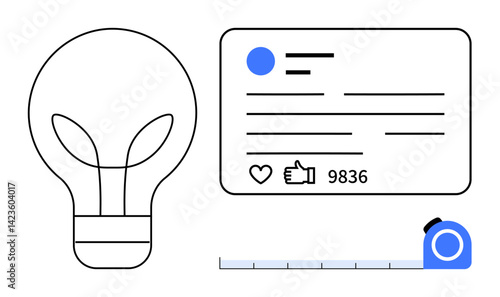 Light bulb representing innovation, social media card with thumbs ups and comments for online engagement, and measuring tape symbolizing evaluation. Ideal for creativity, metrics, social interaction