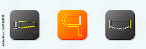 Set line Hand saw, Hacksaw and Wooden beam icon. Vector