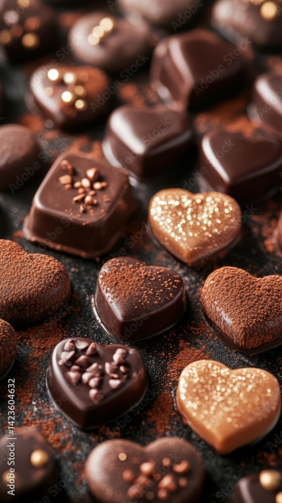 Assorted heart-shaped chocolates dusted with cocoa powder on a dark surface, perfect for special occasions and celebrations Assorted heart-shaped chocolates dusted with cocoa powder on a dark surface, perfect for special occasions and celebrations