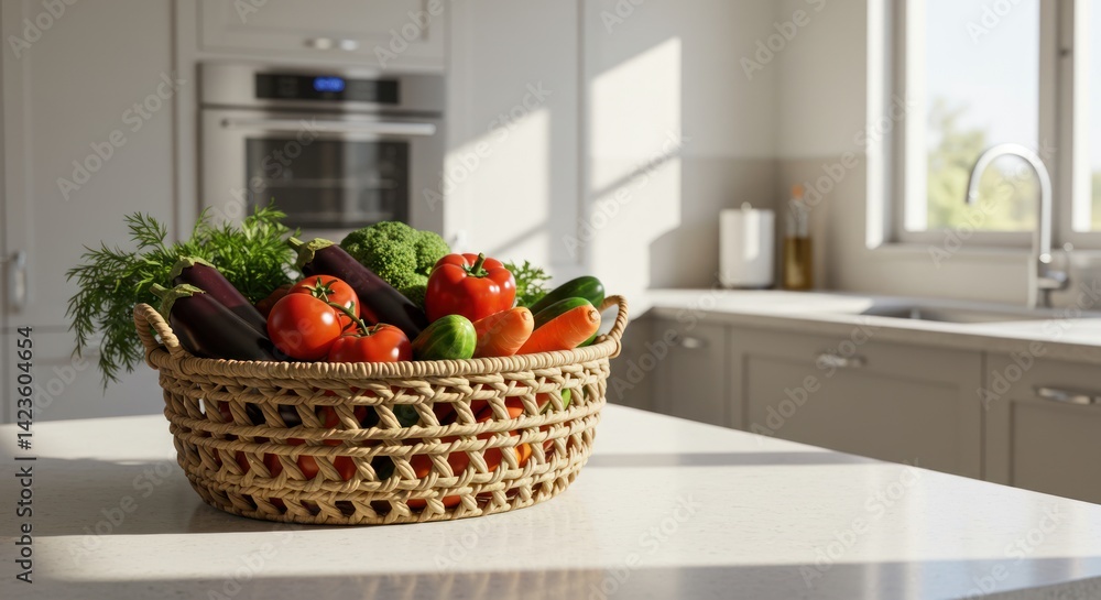 Wicker basket filled with fresh vegetables on a kitchen countertop sunny interior. Wicker basket filled with fresh vegetables on a kitchen countertop sunny interior.