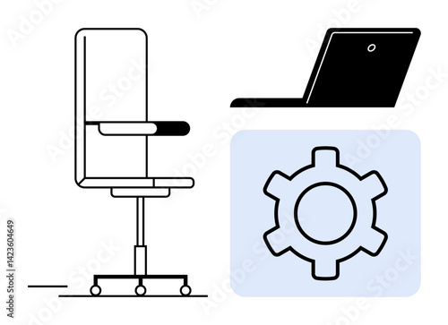 Office chair, laptop, and gear icon symbolizing workspace and efficiency. Ideal for office setup, productivity, workplace, remote work, technology, settings simple landing page