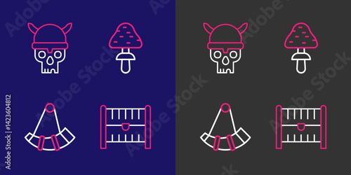 Set line Antique treasure chest, Hunting horn, Mushroom and Skull with viking helmet icon. Vector