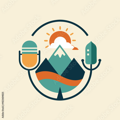 Vocal minimalist logo design for a podcast network featuring mountains, a sun, and microphones in a harmonious layout