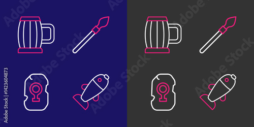 Set line Fish, Magic rune, Medieval spear and Wooden beer mug icon. Vector