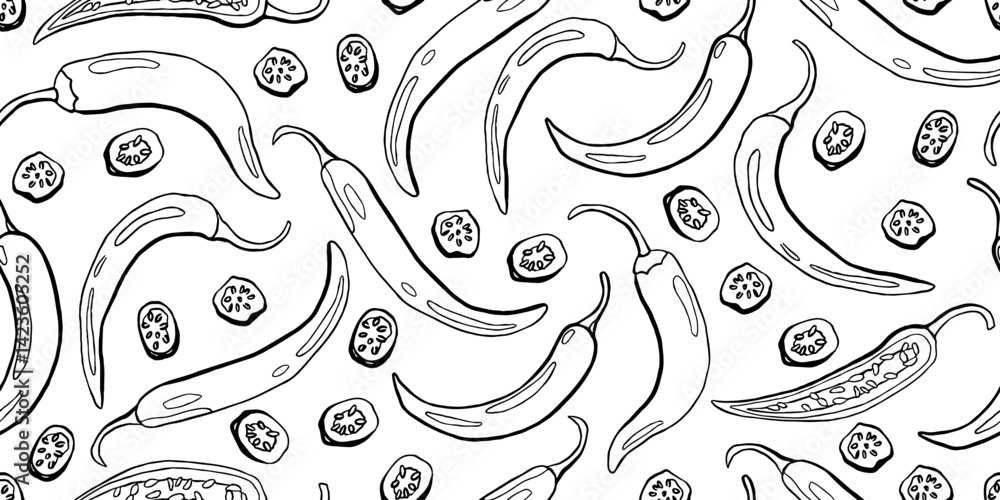 Fototapeta premium Chili Pepper Seamless Pattern in Line Style