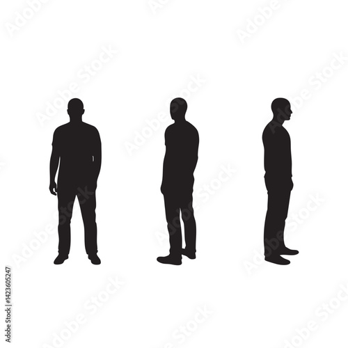 Minimalist Vector Silhouette Set of Standing Person in Front, Back, and Side Views with Casual Clothing