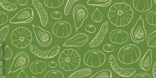 Pumpkin, Squash, Zucchini Seamless Pattern on Green Background