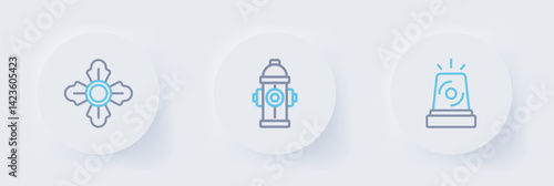 Set line Flasher siren, Fire hydrant and Firefighter icon. Vector