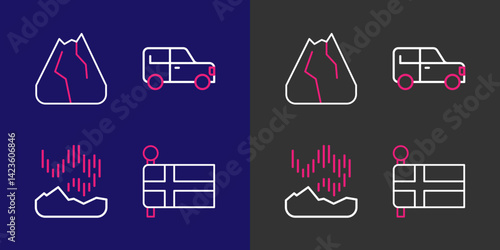 Set line Flag of Iceland, Northern lights, Car and Mountains icon. Vector