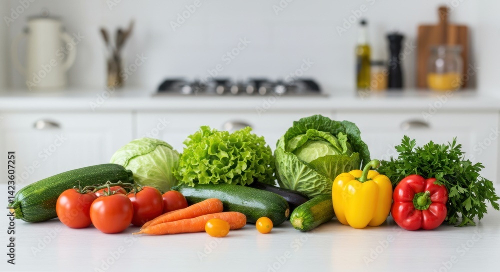 Fresh vegetables and fruits on a kitchen counter with a white background. Fresh vegetables and fruits on a kitchen counter with a white background.