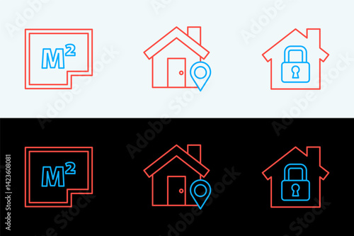 Set line House under protection, plan and Location with house icon. Vector