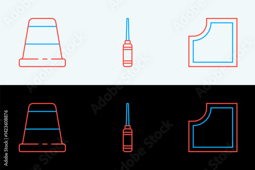 Set line Sewing Pattern, Thimble for sewing and Awl tool icon. Vector