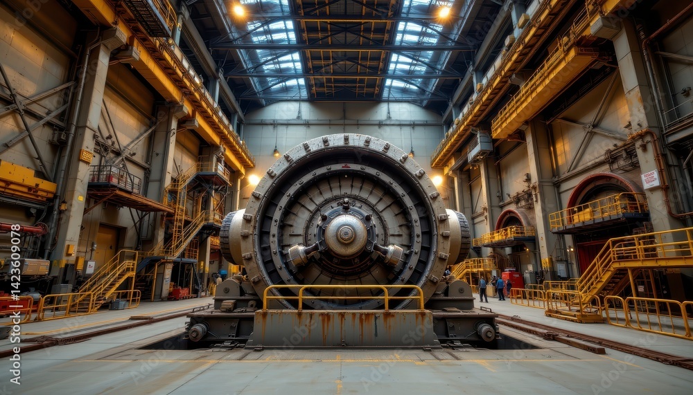 Obraz premium Massive industrial machinery inside a spacious factory with vibrant lighting and intricate design elements showcasing technology