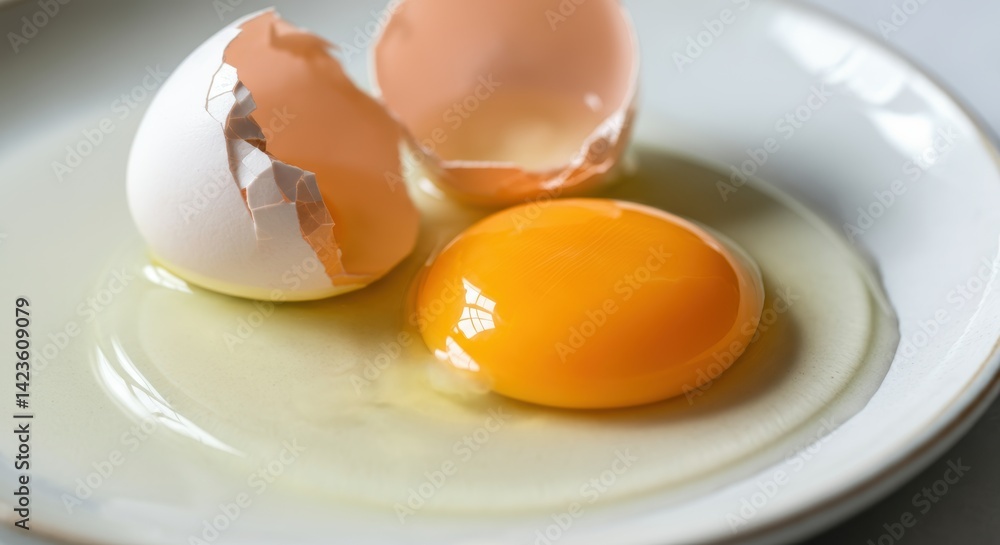 Fresh raw egg with broken shell on white plate Fresh raw egg with broken shell on white plate