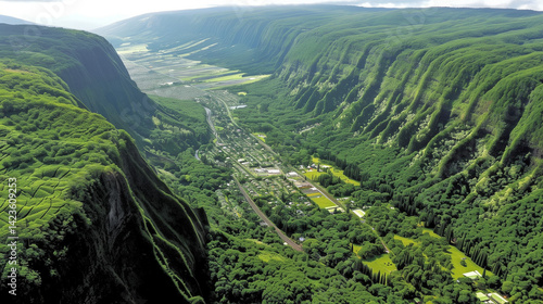 Aerial view of lush green valley between steep mountains

