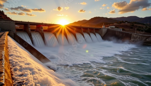 Beautiful Sunrise Over a Hydroelectric Dam with Cascading Water Flowing into a River and Mountainous Background
