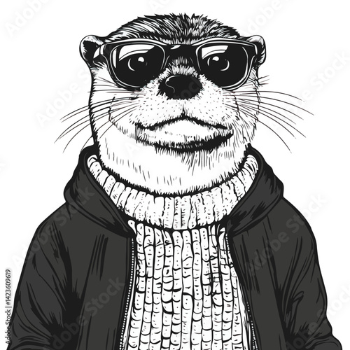 otter, animal, vector, transparent background, black and white style