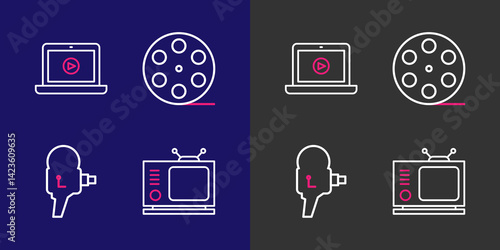 Set line Retro tv, cinema camera, Film reel and Online play video icon. Vector