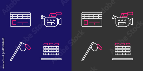 Set line Cinema auditorium with seats, Microphone, camera and Movie clapper icon. Vector